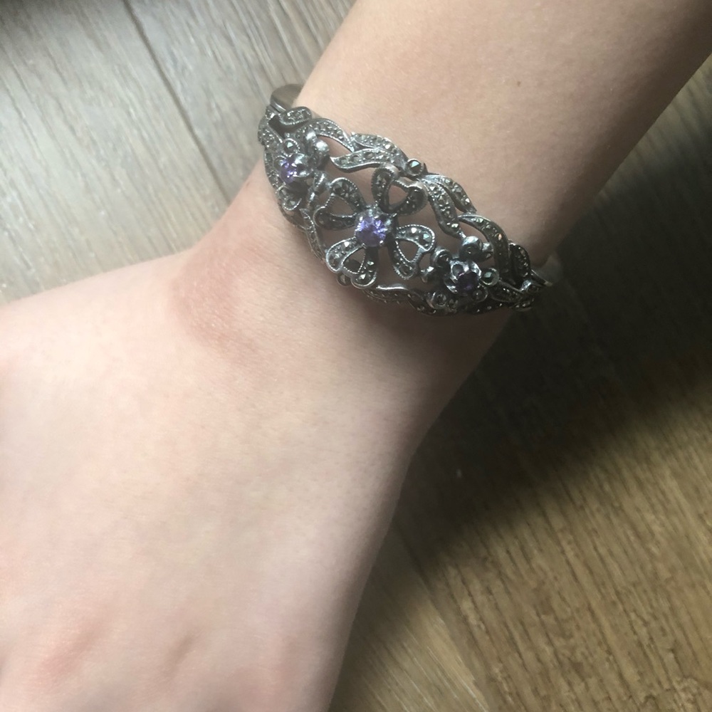 VINTAGE Sterling Silver (925) Amethyst & Marcasite Clamper Heart Bracelet